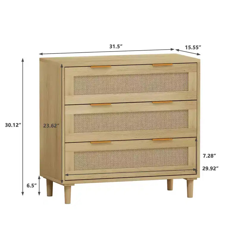 JVNOXKModern Rattan Storage Cabinet Set (2-Piece), Rattan Dressing Table with Three Deep Drawers, Suitable for Bedroom or Living Room, Oak