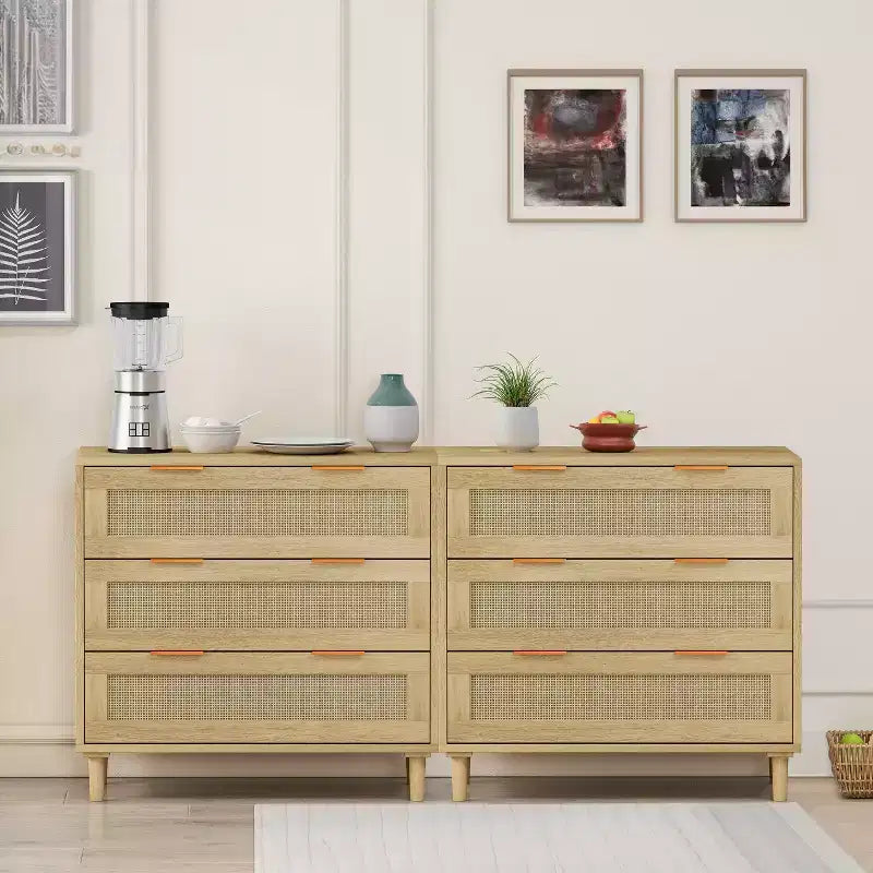 JVNOXKModern Rattan Storage Cabinet Set (2-Piece), Rattan Dressing Table with Three Deep Drawers, Suitable for Bedroom or Living Room, Oak