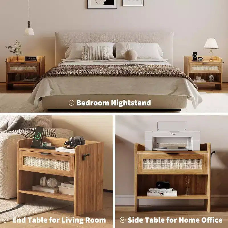 Acekool Rattan Nightstand with Type C Port, Bedside Table with Drawer and Open Shelf, Set of 2 Boho End Tables