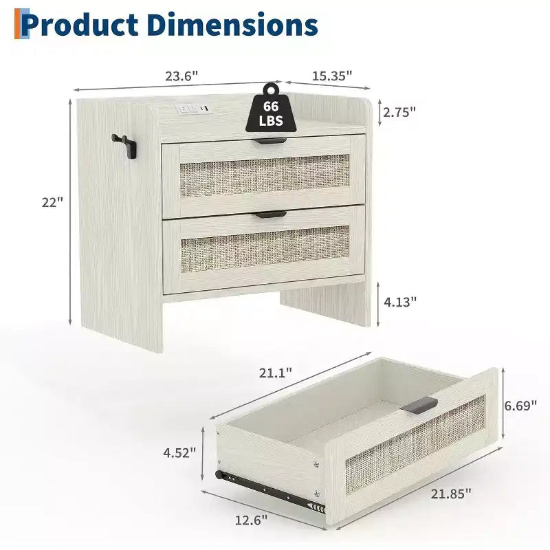 Acekool Rattan Nightstand with Charging Station, 2 Drawer Boho Bedside Table with Type C Port and USB
