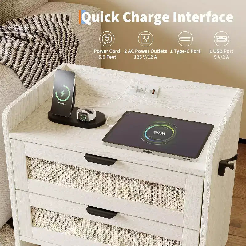 Acekool Rattan Nightstand with Charging Station, 2 Drawer Boho Bedside Table with Type C Port and USB