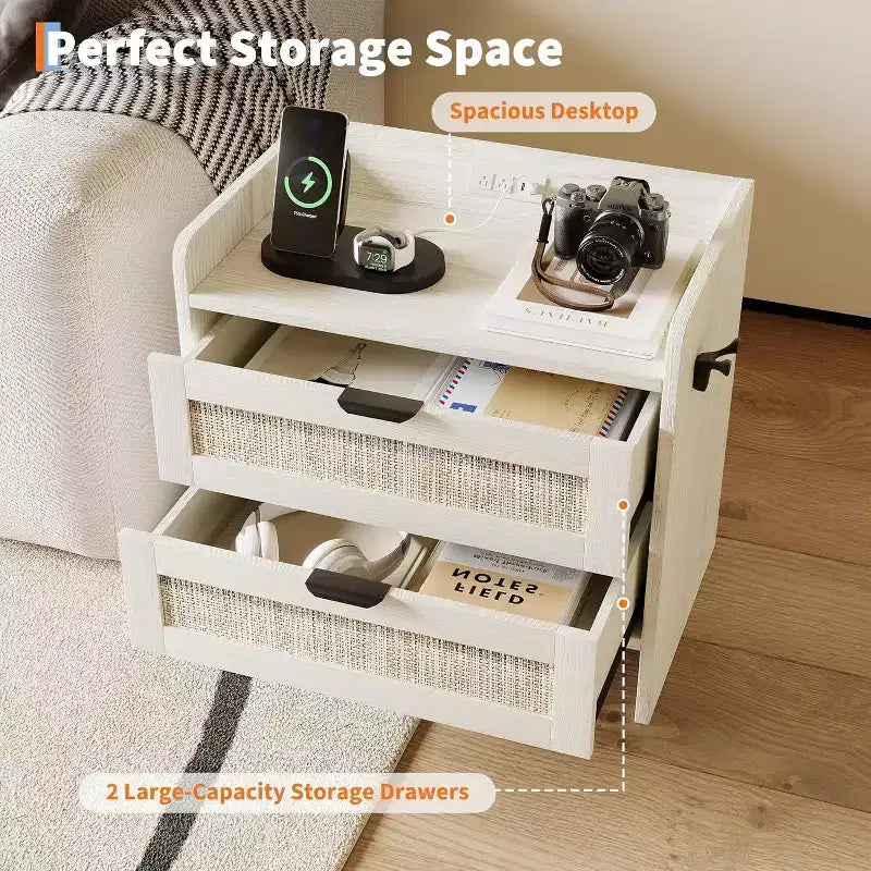 Acekool Rattan Nightstand with Charging Station, 2 Drawer Boho Bedside Table with Type C Port and USB