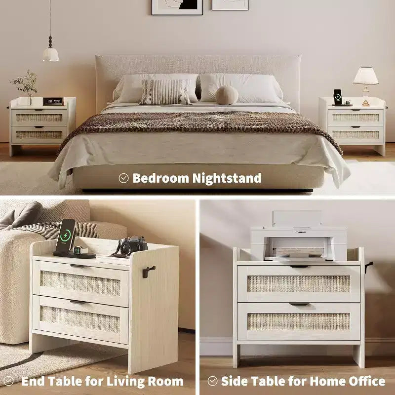 Acekool Rattan Nightstand with Charging Station, 2 Drawer Boho Bedside Table with Type C Port and USB