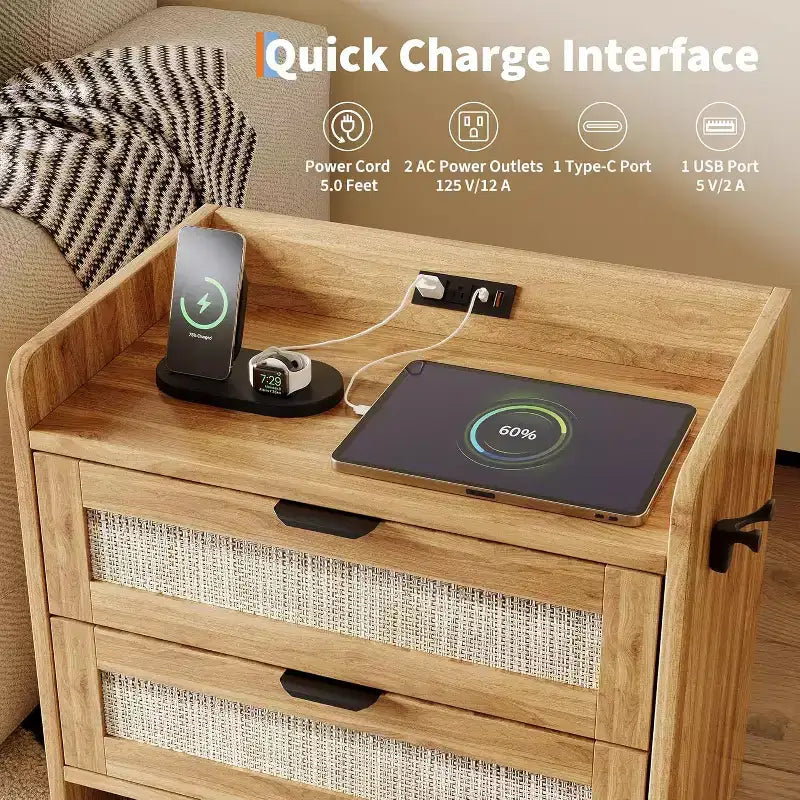 Acekool Rattan Nightstand with Charging Station, 2 Drawer Boho Bedside Table with Type C Port and USB
