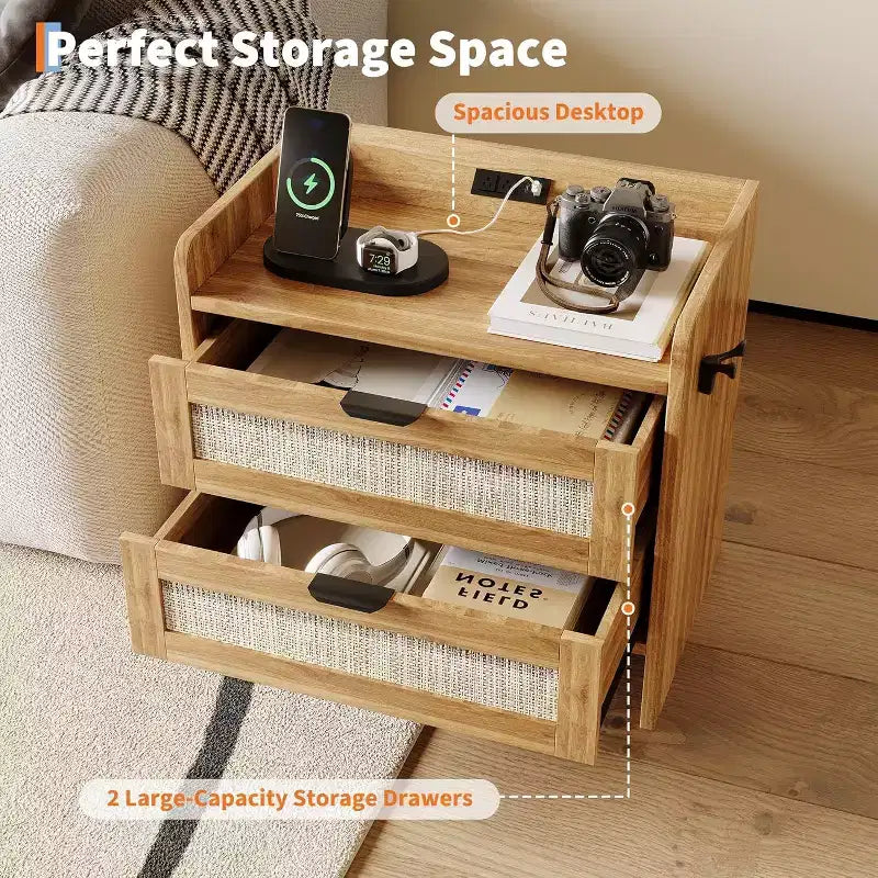 Acekool Rattan Nightstand with Charging Station, 2 Drawer Boho Bedside Table with Type C Port and USB