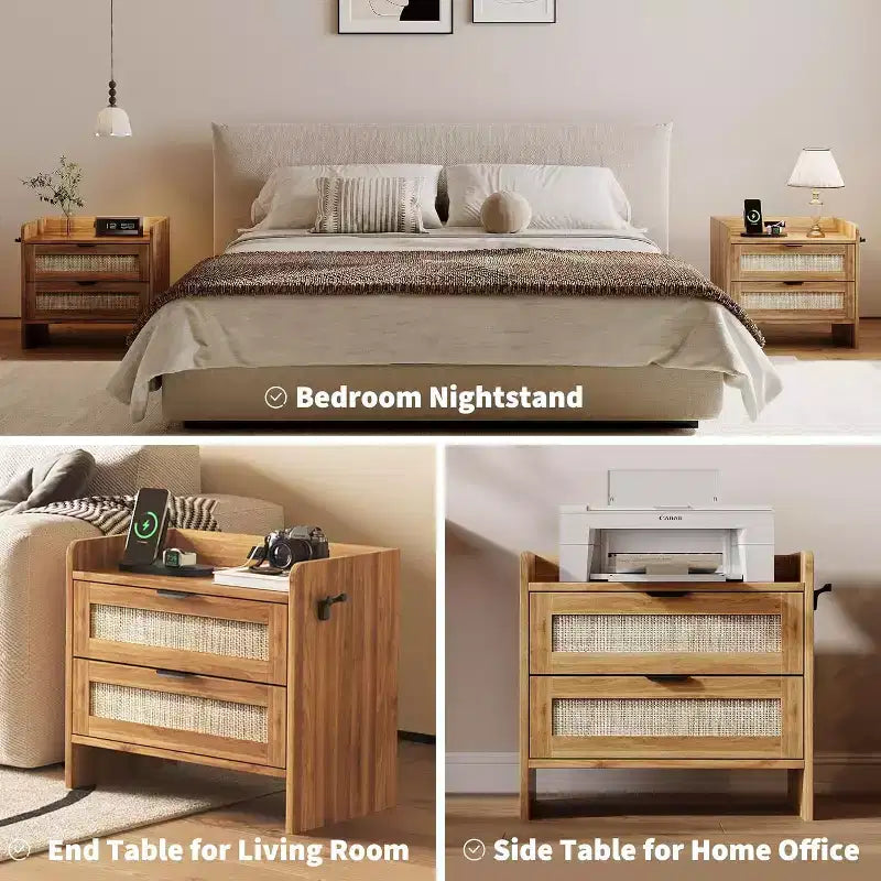 Acekool Rattan Nightstand with Charging Station, 2 Drawer Boho Bedside Table with Type C Port and USB