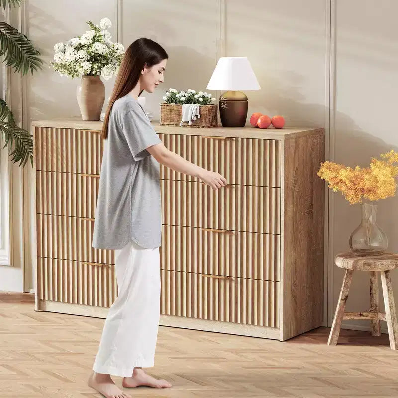 Fluted Dresser for Bedroom, 8 Drawer Dresser, Large Capacity & Anti-Tip, Modern Chest of Drawers with Metal Handles, Wooden Dressers Closet Storage