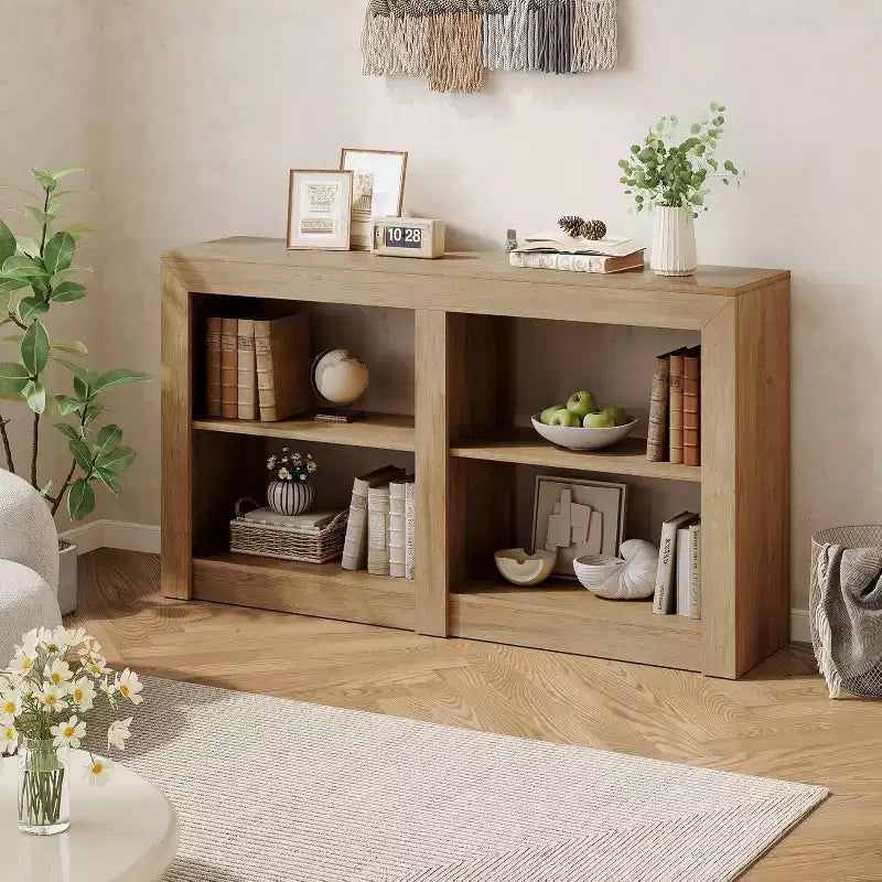 Lantine 59-Inch Entryway Table with 2-Tier Shelf, Rectangle Design Sofa Console Table for Entryway, Living Room, Hallway, Oak Color