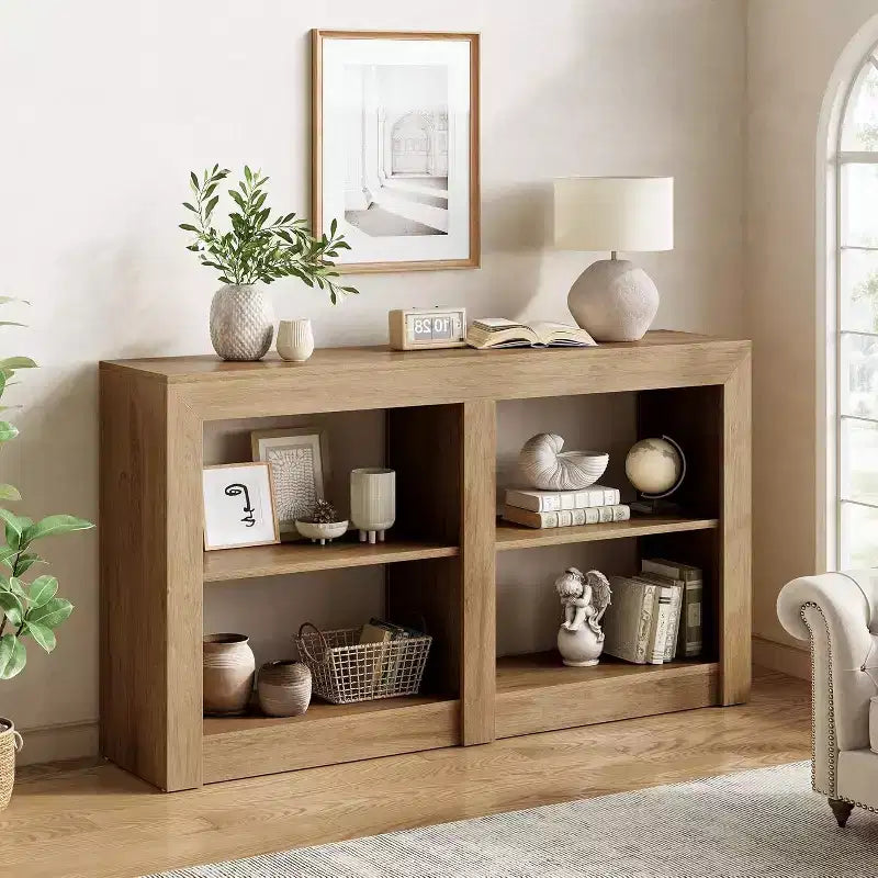 Lantine 59-Inch Entryway Table with 2-Tier Shelf, Rectangle Design Sofa Console Table for Entryway, Living Room, Hallway, Oak Color