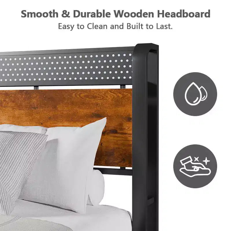 Twin Size Platform Bed Frame Storage Headboard LED Lights Charging Station Industrial Metal Wood Heavy Duty No Box Spring Needed Kids Dorm USB