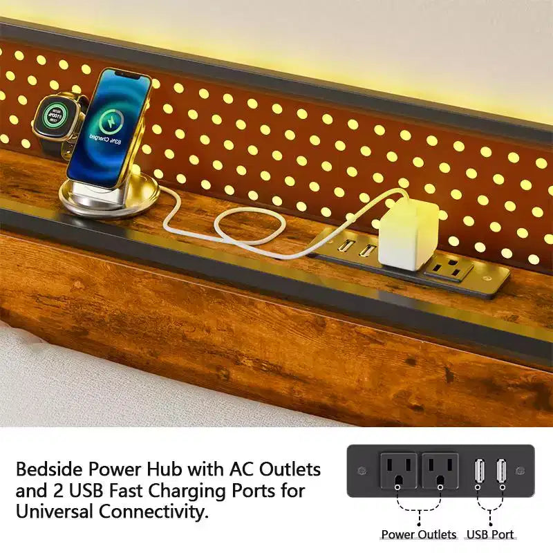 Twin Size Platform Bed Frame Storage Headboard LED Lights Charging Station Industrial Metal Wood Heavy Duty No Box Spring Needed Kids Dorm USB