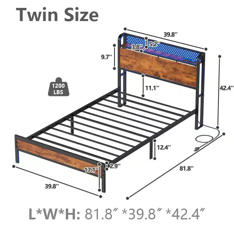 Twin Size Platform Bed Frame Storage Headboard LED Lights Charging Station Industrial Metal Wood Heavy Duty No Box Spring Needed Kids Dorm USB