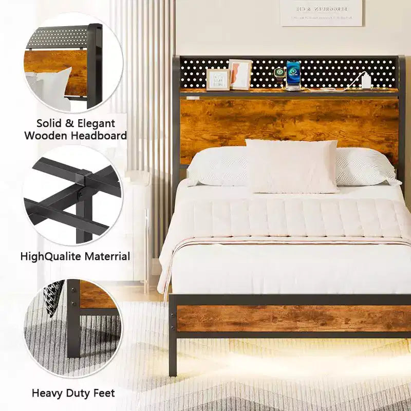 Twin Size Platform Bed Frame Storage Headboard LED Lights Charging Station Industrial Metal Wood Heavy Duty No Box Spring Needed Kids Dorm USB
