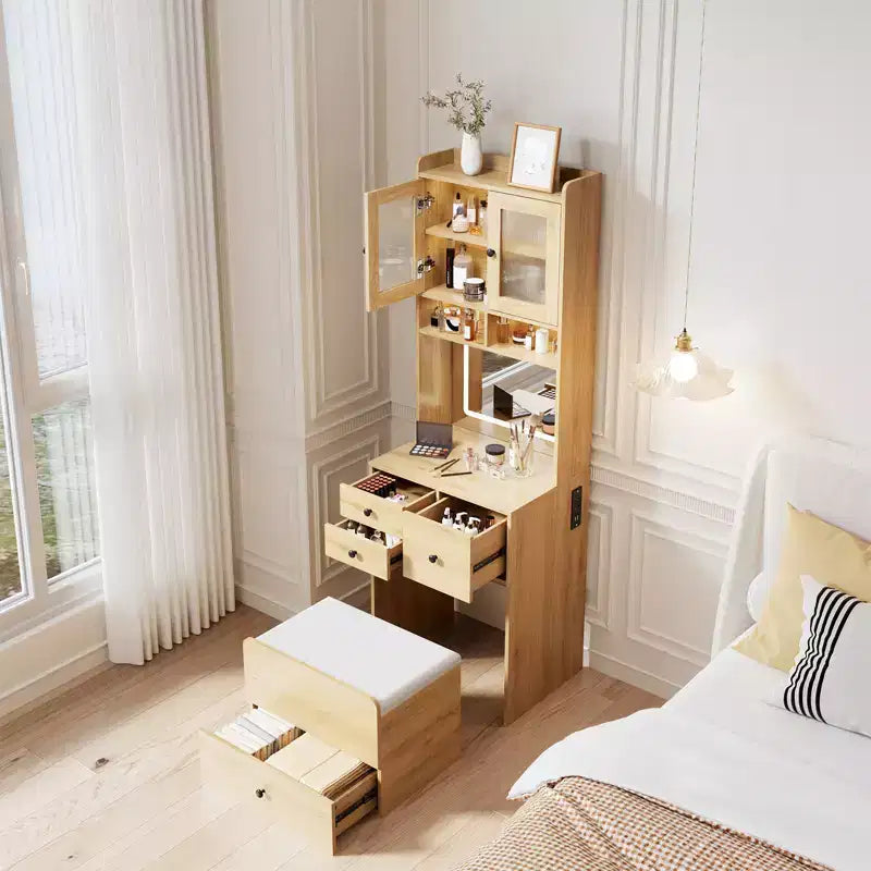 COZONY 3 in 1 Vanity Desk, Tall Makeup Vanity with Storage Drawers & Acrylic Doors, Dressing Table with Mirror, Jewelry Storage & Cushioned Chair