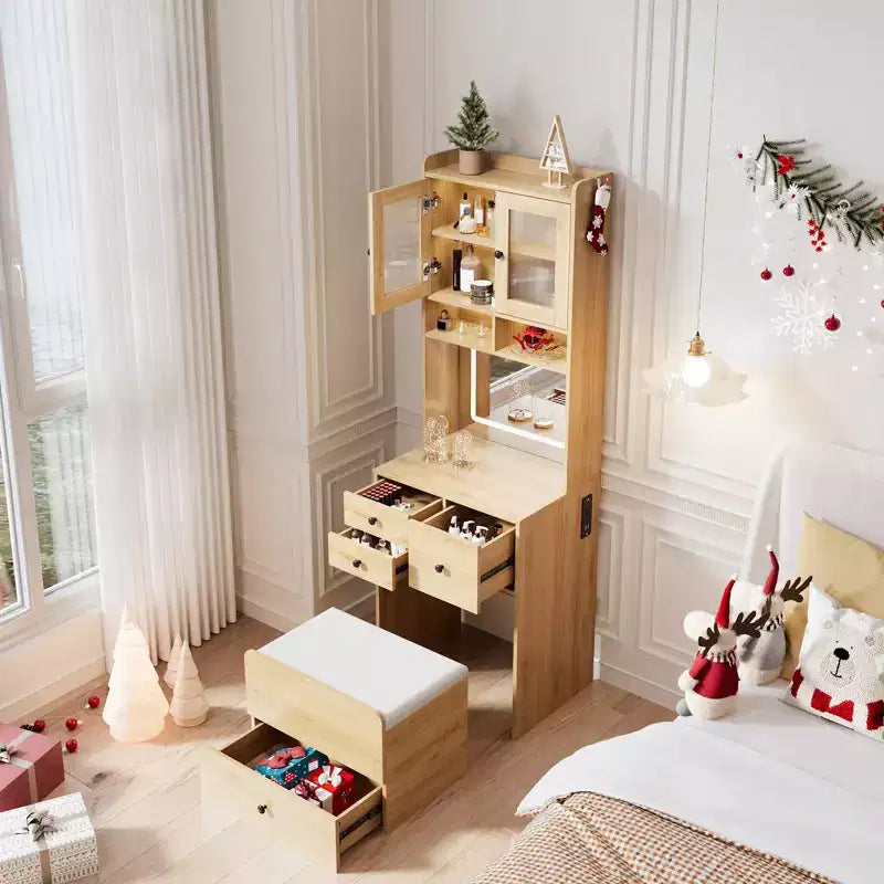 COZONY 3 in 1 Vanity Desk, Tall Makeup Vanity with Storage Drawers & Acrylic Doors, Dressing Table with Mirror, Jewelry Storage & Cushioned Chair