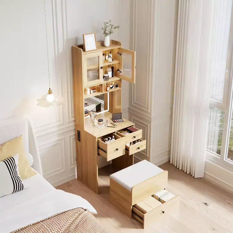 COZONY 3 in 1 Vanity Desk, Tall Makeup Vanity with Storage Drawers & Acrylic Doors, Dressing Table with Mirror, Jewelry Storage & Cushioned Chair