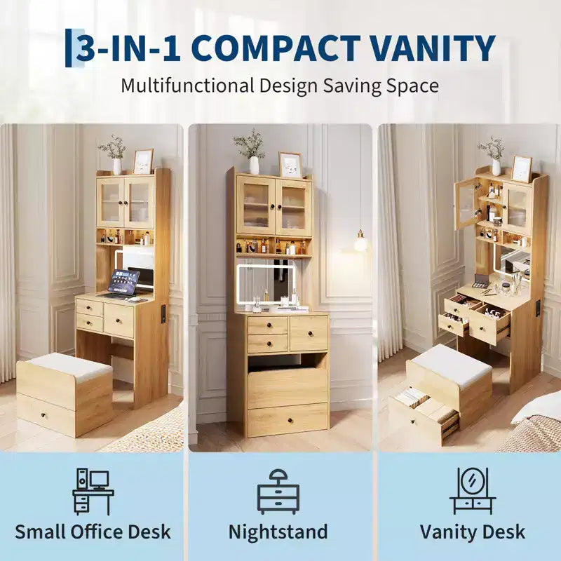 COZONY 3 in 1 Vanity Desk, Tall Makeup Vanity with Storage Drawers & Acrylic Doors, Dressing Table with Mirror, Jewelry Storage & Cushioned Chair