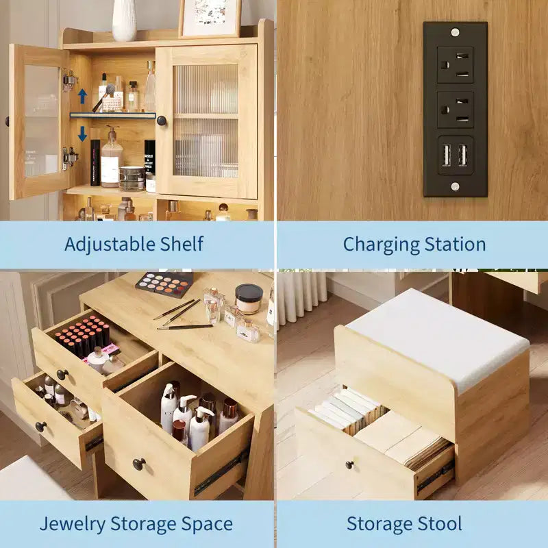 COZONY 3 in 1 Vanity Desk, Tall Makeup Vanity with Storage Drawers & Acrylic Doors, Dressing Table with Mirror, Jewelry Storage & Cushioned Chair