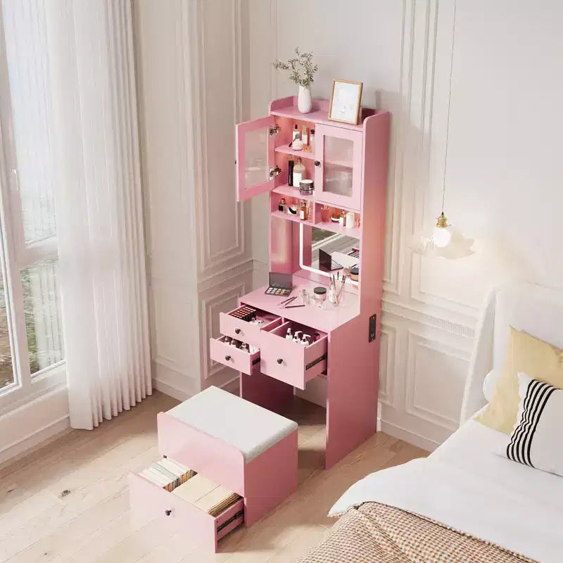 COZONY 3 in 1 Vanity Desk, Tall Makeup Vanity with Storage Drawers & Acrylic Doors, Dressing Table with Mirror, Jewelry Storage & Cushioned Chair