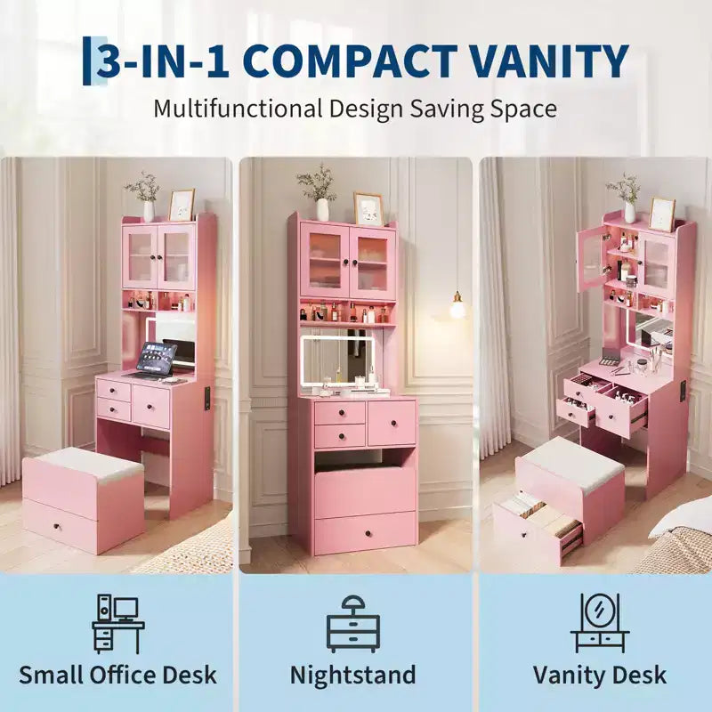 COZONY 3 in 1 Vanity Desk, Tall Makeup Vanity with Storage Drawers & Acrylic Doors, Dressing Table with Mirror, Jewelry Storage & Cushioned Chair