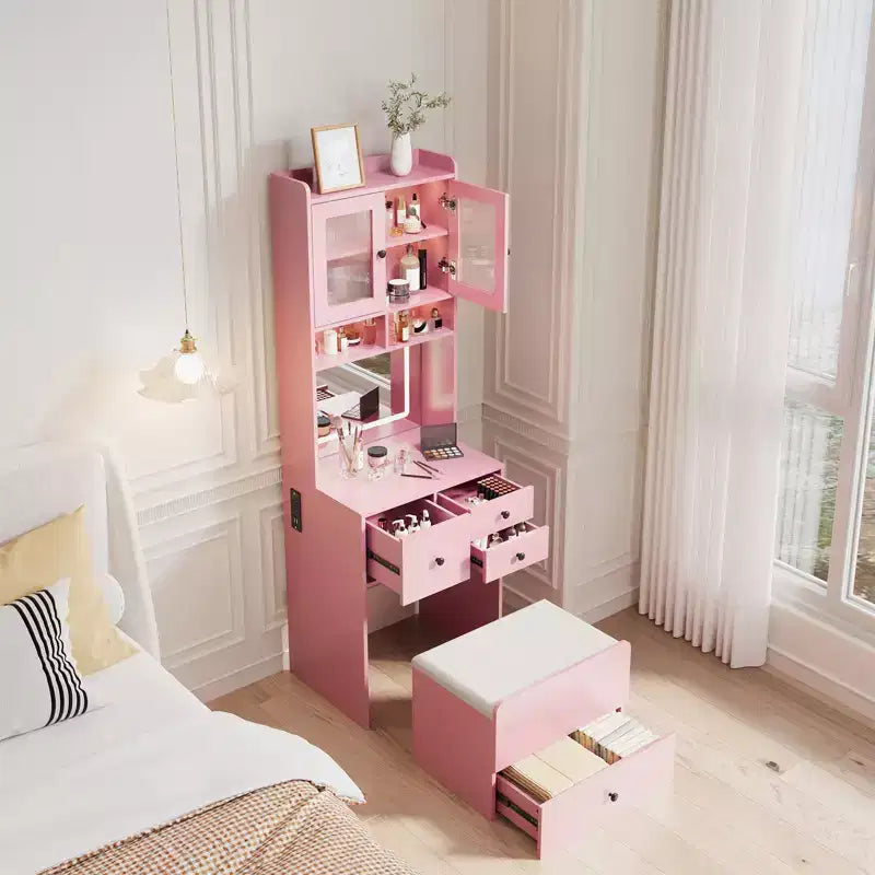 COZONY 3 in 1 Vanity Desk, Tall Makeup Vanity with Storage Drawers & Acrylic Doors, Dressing Table with Mirror, Jewelry Storage & Cushioned Chair