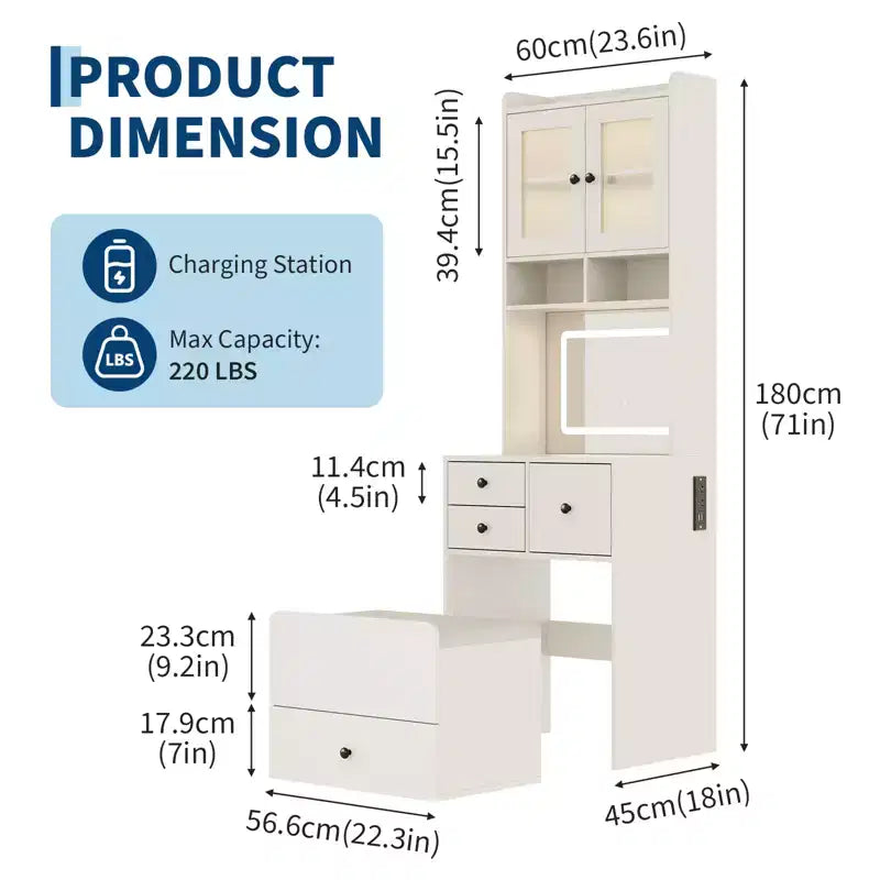 COZONY 3 in 1 Vanity Desk, Tall Makeup Vanity with Storage Drawers & Acrylic Doors, Dressing Table with Mirror, Jewelry Storage & Cushioned Chair