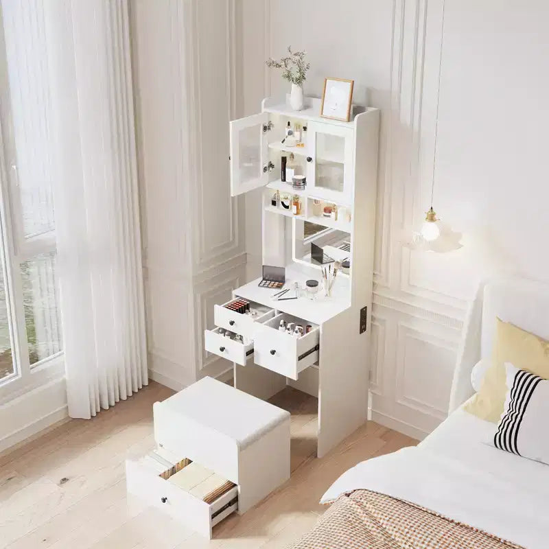 COZONY 3 in 1 Vanity Desk, Tall Makeup Vanity with Storage Drawers & Acrylic Doors, Dressing Table with Mirror, Jewelry Storage & Cushioned Chair