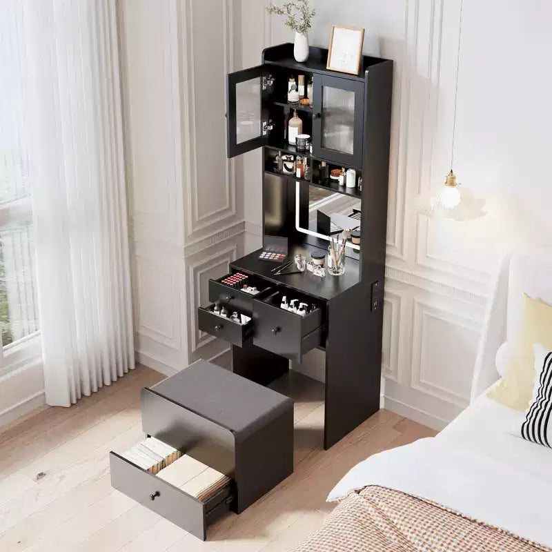 COZONY 3 in 1 Vanity Desk, Tall Makeup Vanity with Storage Drawers & Acrylic Doors, Dressing Table with Mirror, Jewelry Storage & Cushioned Chair