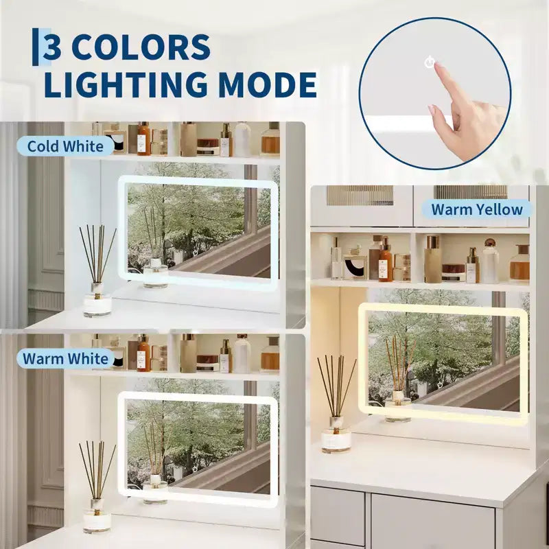 COZONY 3 in 1 Vanity Desk, Tall Makeup Vanity with Storage Drawers & Acrylic Doors, Dressing Table with Mirror, Jewelry Storage & Cushioned Chair