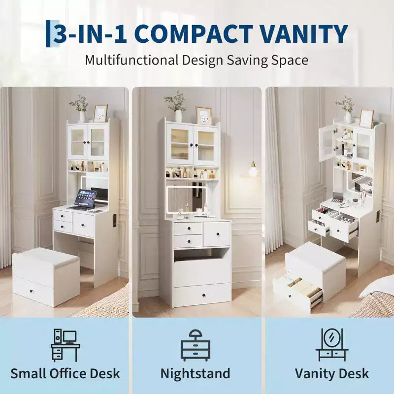 COZONY 3 in 1 Vanity Desk, Tall Makeup Vanity with Storage Drawers & Acrylic Doors, Dressing Table with Mirror, Jewelry Storage & Cushioned Chair