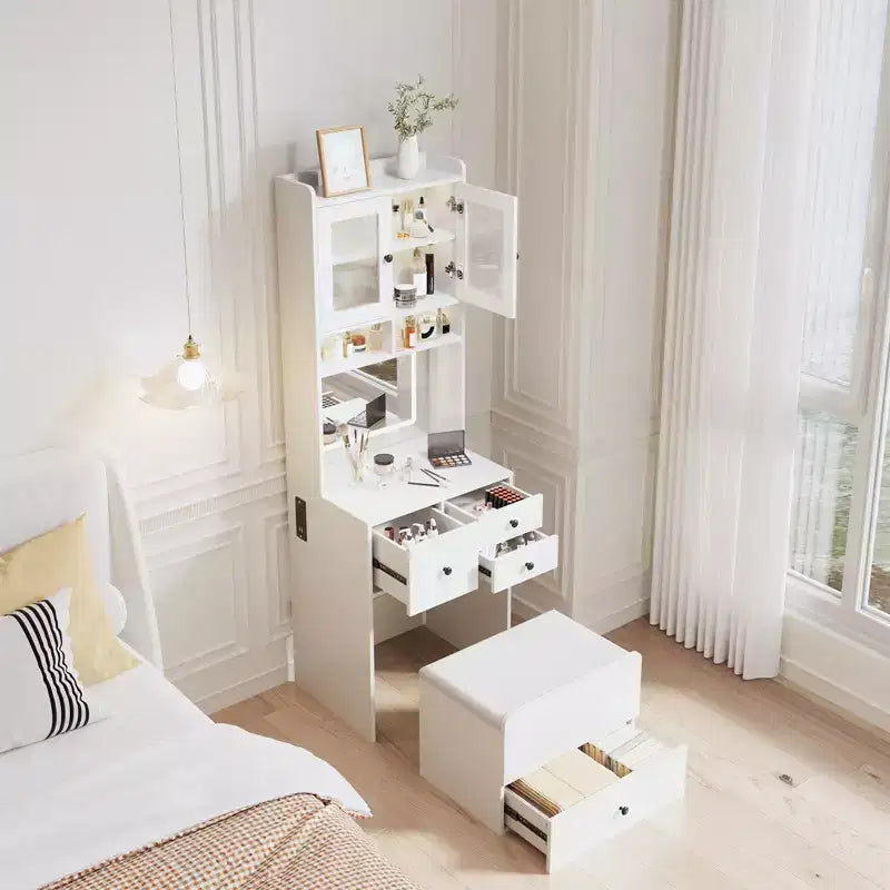 COZONY 3 in 1 Vanity Desk, Tall Makeup Vanity with Storage Drawers & Acrylic Doors, Dressing Table with Mirror, Jewelry Storage & Cushioned Chair