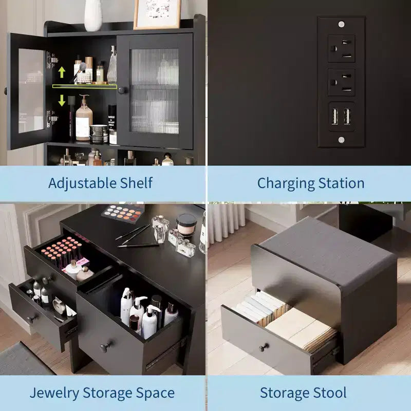 COZONY 3 in 1 Vanity Desk, Tall Makeup Vanity with Storage Drawers & Acrylic Doors, Dressing Table with Mirror, Jewelry Storage & Cushioned Chair