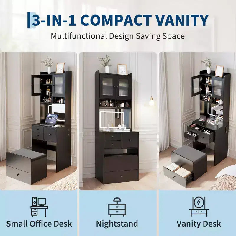 COZONY 3 in 1 Vanity Desk, Tall Makeup Vanity with Storage Drawers & Acrylic Doors, Dressing Table with Mirror, Jewelry Storage & Cushioned Chair