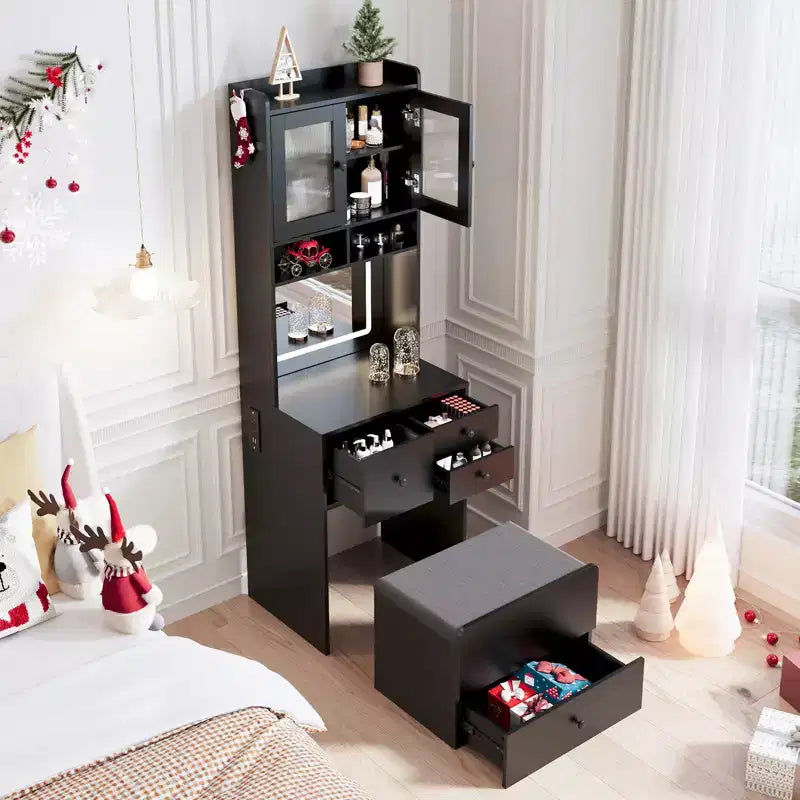 COZONY 3 in 1 Vanity Desk, Tall Makeup Vanity with Storage Drawers & Acrylic Doors, Dressing Table with Mirror, Jewelry Storage & Cushioned Chair