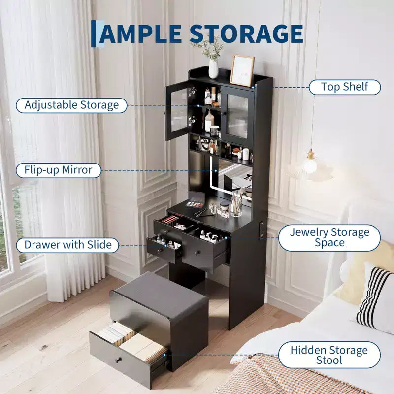 COZONY 3 in 1 Vanity Desk, Tall Makeup Vanity with Storage Drawers & Acrylic Doors, Dressing Table with Mirror, Jewelry Storage & Cushioned Chair
