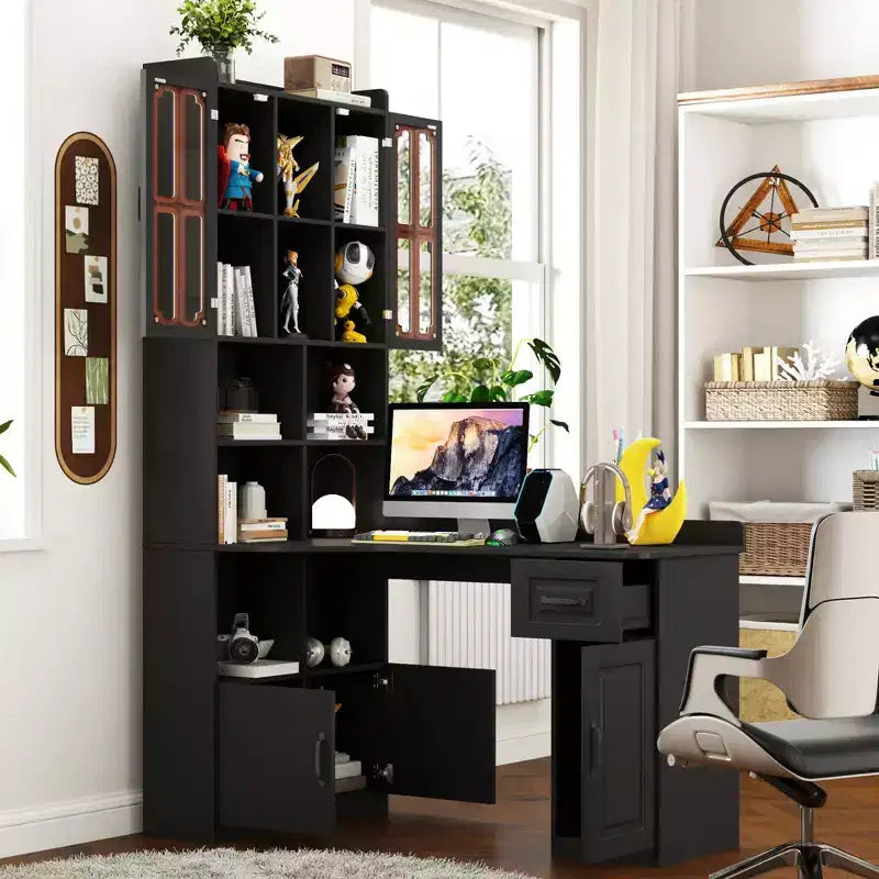 TUYOHW L-Shaped Corner Desk,Computer Desk with Hutch & Bookshelf,2-in-1 Study Desk with Drawers,Cabinets,Modern Working Desk for Office,Study