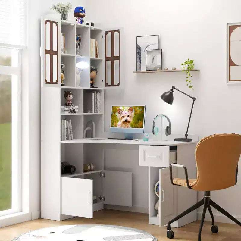 TUYOHW L-Shaped Corner Desk,Computer Desk with Hutch & Bookshelf,2-in-1 Study Desk with Drawers,Cabinets,Modern Working Desk for Office,Study