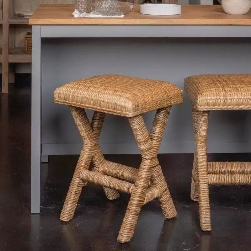 Storied Home Woven Water Hyacinth Stool, Natural Finish