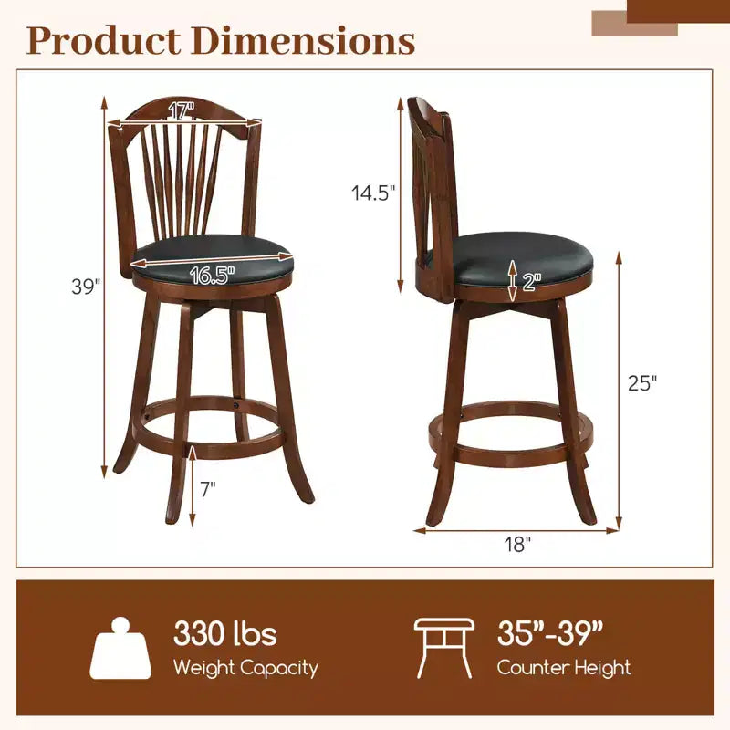 Costway Swivel Bar Stools Set of 2/4, 25 Counter Height Barstools with Backrests, Wood Frame Brown
