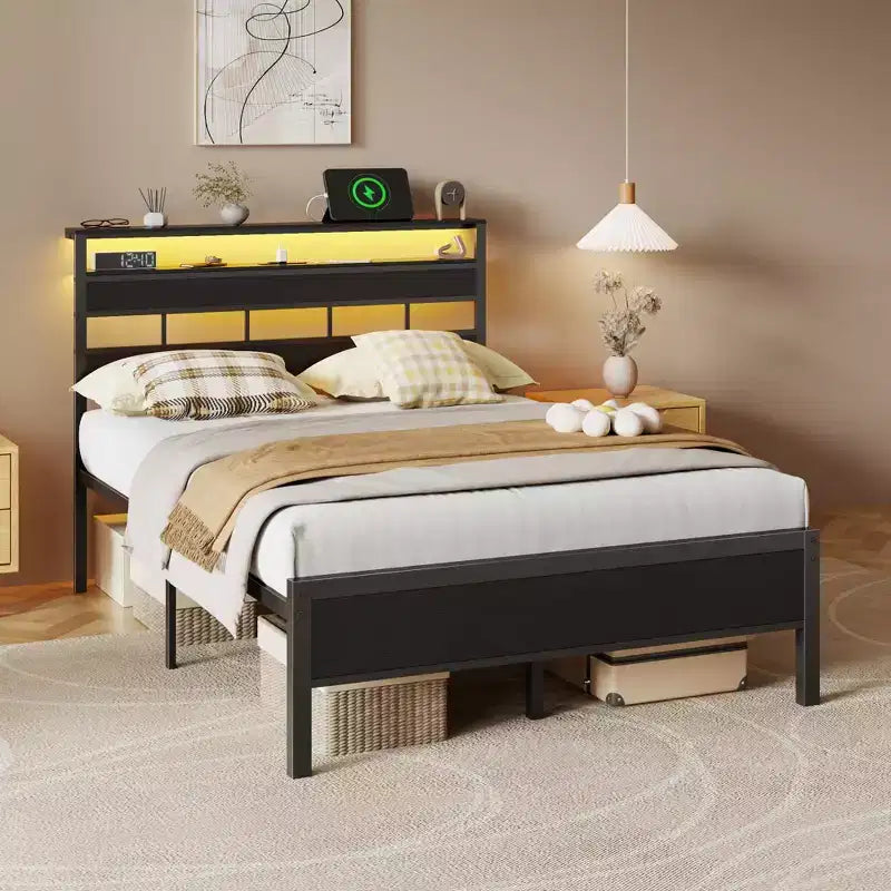 Full Size Metal Platform Bed Frame with LED Lights Charging Station 2 Tier Storage Headboard Shelf Industrial Wood No Box Spring Needed USB Teen