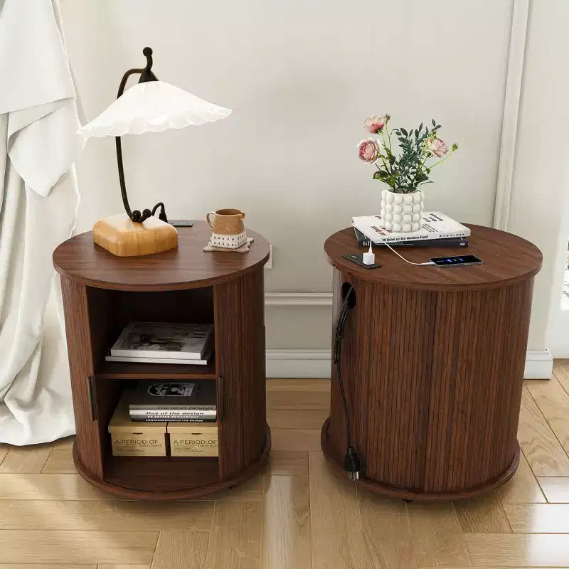 JVNOXK Two-Piece Set: Medieval Modern Style Cylindrical Side Table and Storage Nightstand, Suitable for Living Rooms, Walnut