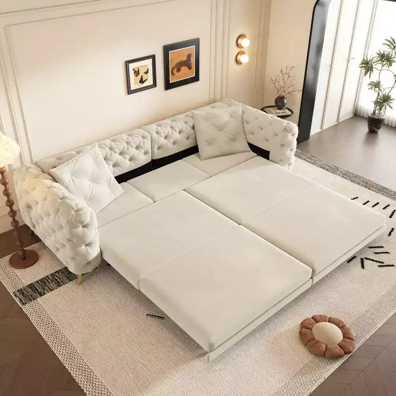 Modern Convertible King Size Sleeper Sofa Bed with Movable Ottoman, Velvet Deep Seat Pull-Out Sofa Bed for Living Room or Guest Room-Panipeachy