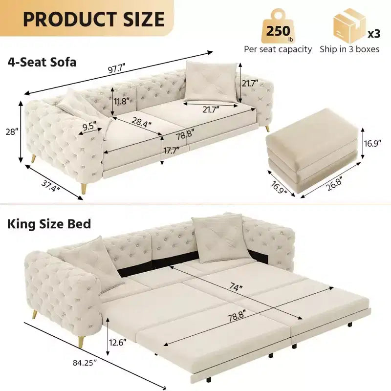 Modern Convertible King Size Sleeper Sofa Bed with Movable Ottoman, Velvet Deep Seat Pull-Out Sofa Bed for Living Room or Guest Room-Panipeachy