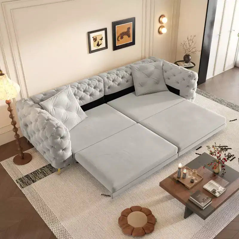 Modern Convertible King Size Sleeper Sofa Bed with Movable Ottoman, Velvet Deep Seat Pull-Out Sofa Bed for Living Room or Guest Room-Panipeachy