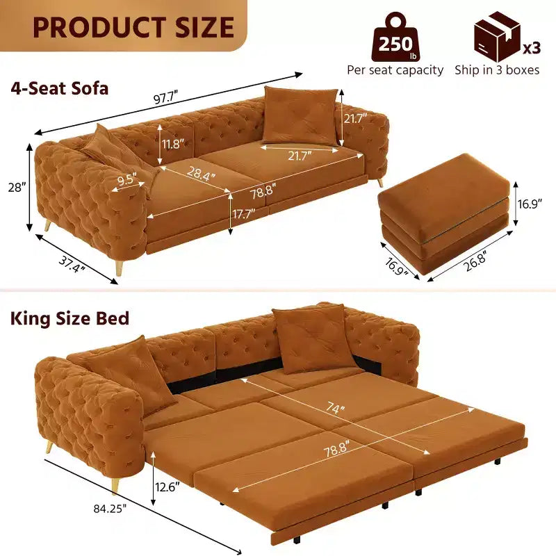 Modern Convertible King Size Sleeper Sofa Bed with Movable Ottoman, Velvet Deep Seat Pull-Out Sofa Bed for Living Room or Guest Room-Panipeachy