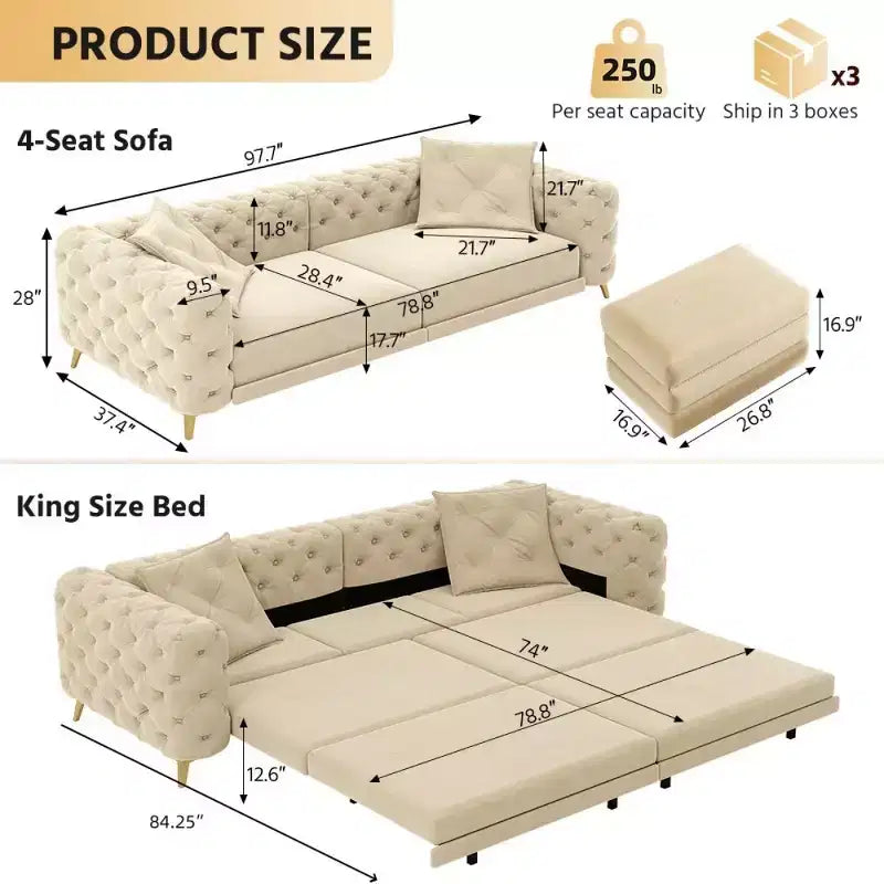 Modern Convertible King Size Sleeper Sofa Bed with Movable Ottoman, Velvet Deep Seat Pull-Out Sofa Bed for Living Room or Guest Room-Panipeachy