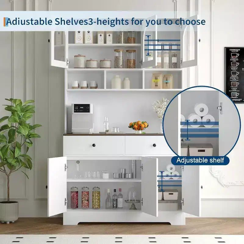 Farmhouse Kitchen Pantry Cabinet, 71 Tall Freestanding Hutch with Open Shelves and Countertop for Kitchen or Dining Room