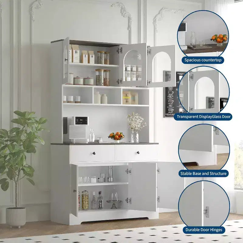 Farmhouse Kitchen Pantry Cabinet, 71 Tall Freestanding Hutch with Open Shelves and Countertop for Kitchen or Dining Room
