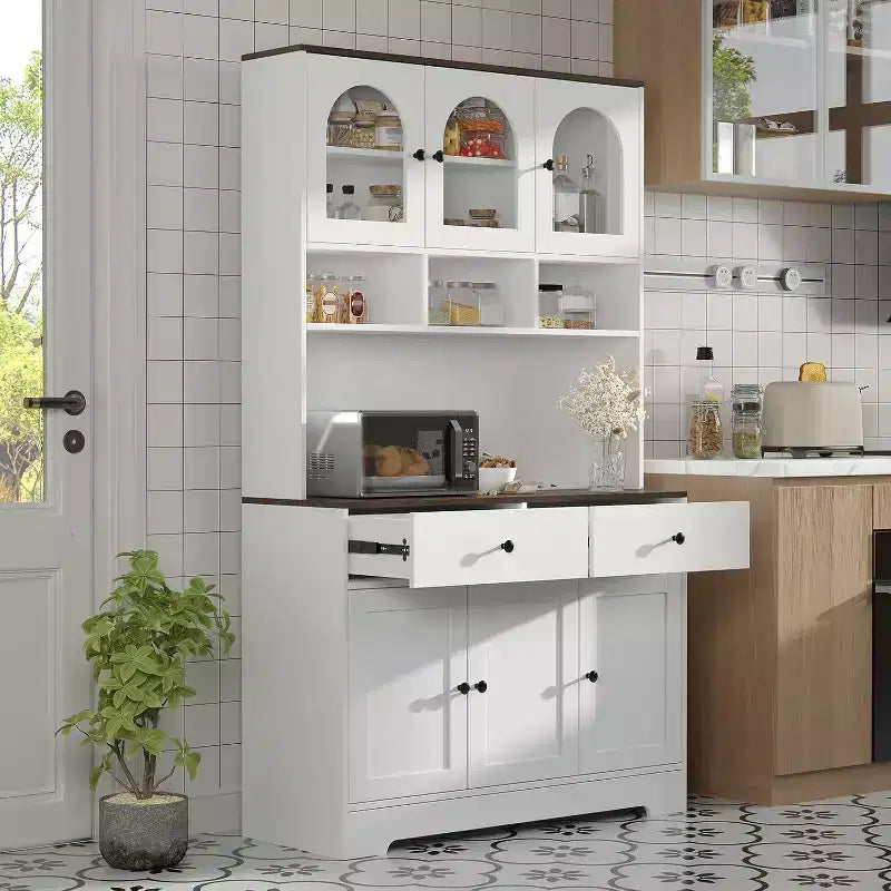 Farmhouse Kitchen Pantry Cabinet, 71 Tall Freestanding Hutch with Open Shelves and Countertop for Kitchen or Dining Room