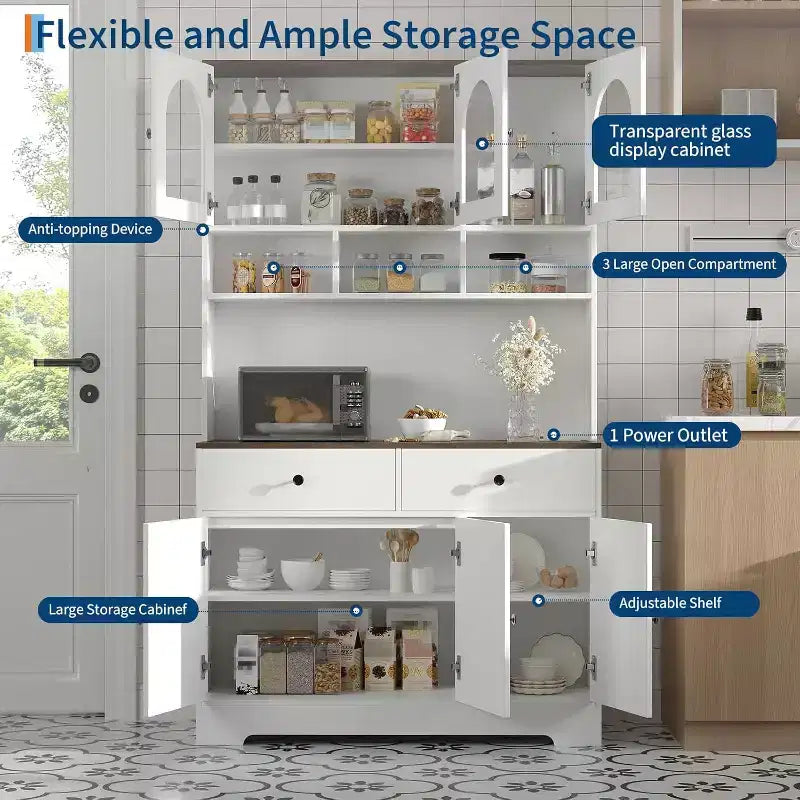 Farmhouse Kitchen Pantry Cabinet, 71 Tall Freestanding Hutch with Open Shelves and Countertop for Kitchen or Dining Room